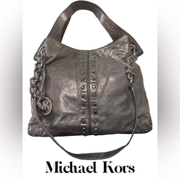 Michael Kors Aster Studded Snap Bag Metallic Gray - Picture 13 of 13